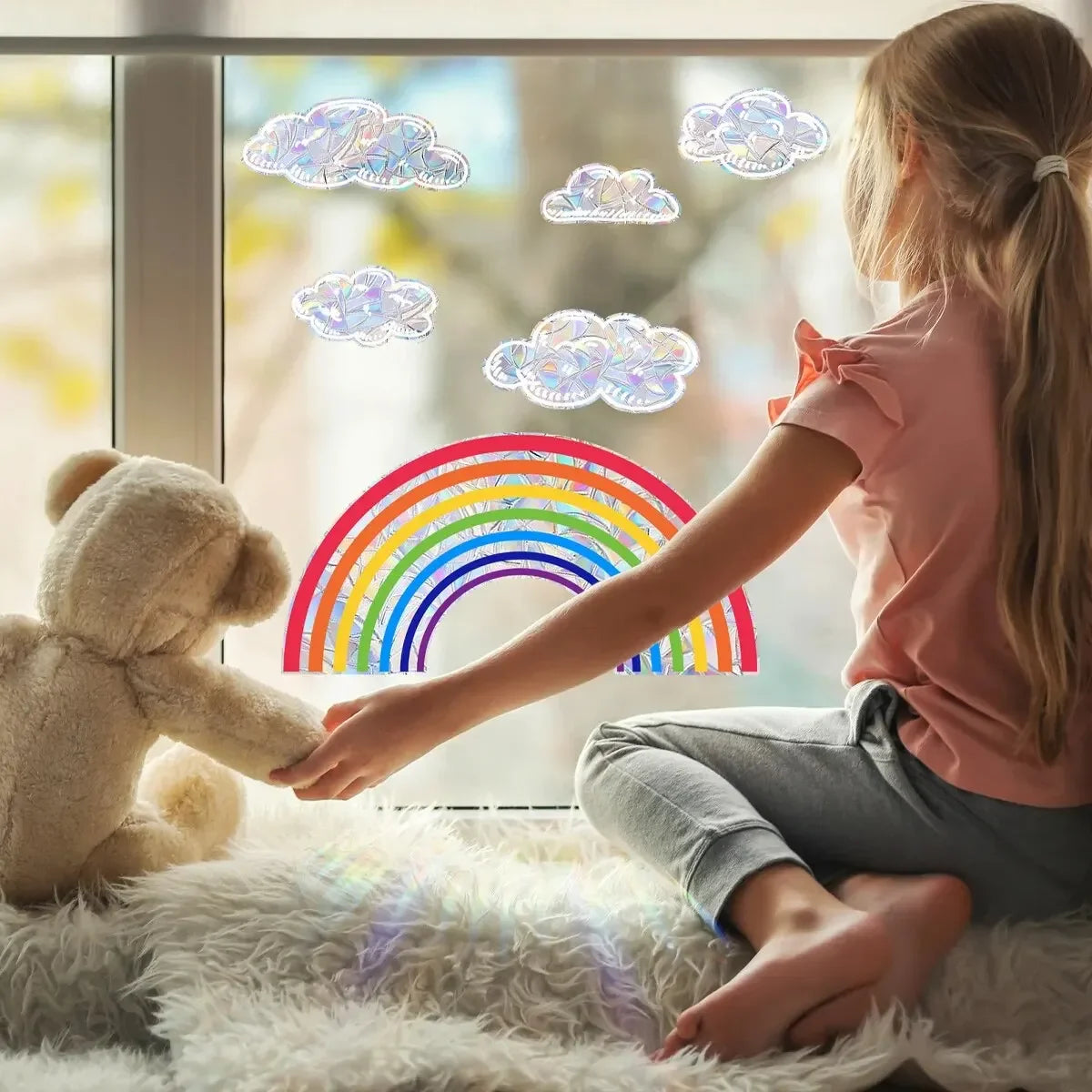 Rainbow Clouds & Sunlight Refraction Window Stickers – Dazzling Glass Display for Home Decoration