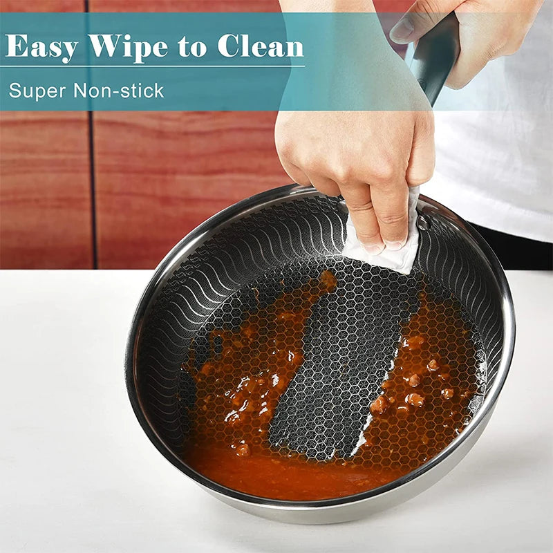 LMETJMA Stainless Steel Honeycomb Frying Pan with Lid – Nonstick & Multi-Cooktop Compatible