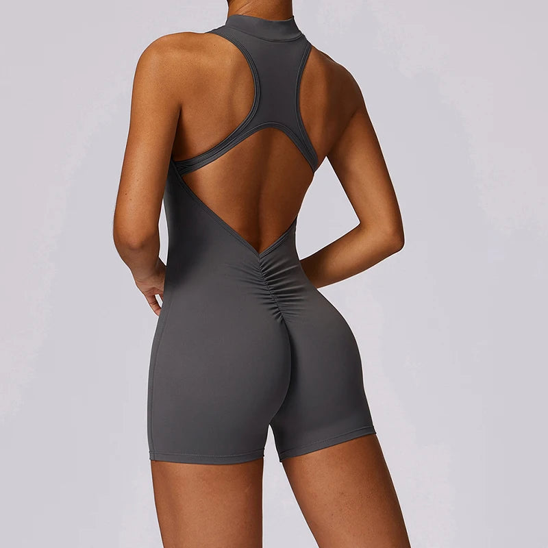New V-Back Scrunch Sports Jumpsuit – Women’s Sleeveless Gym Romper with Zipper, One-Piece Yoga & Fitness Bodysuit