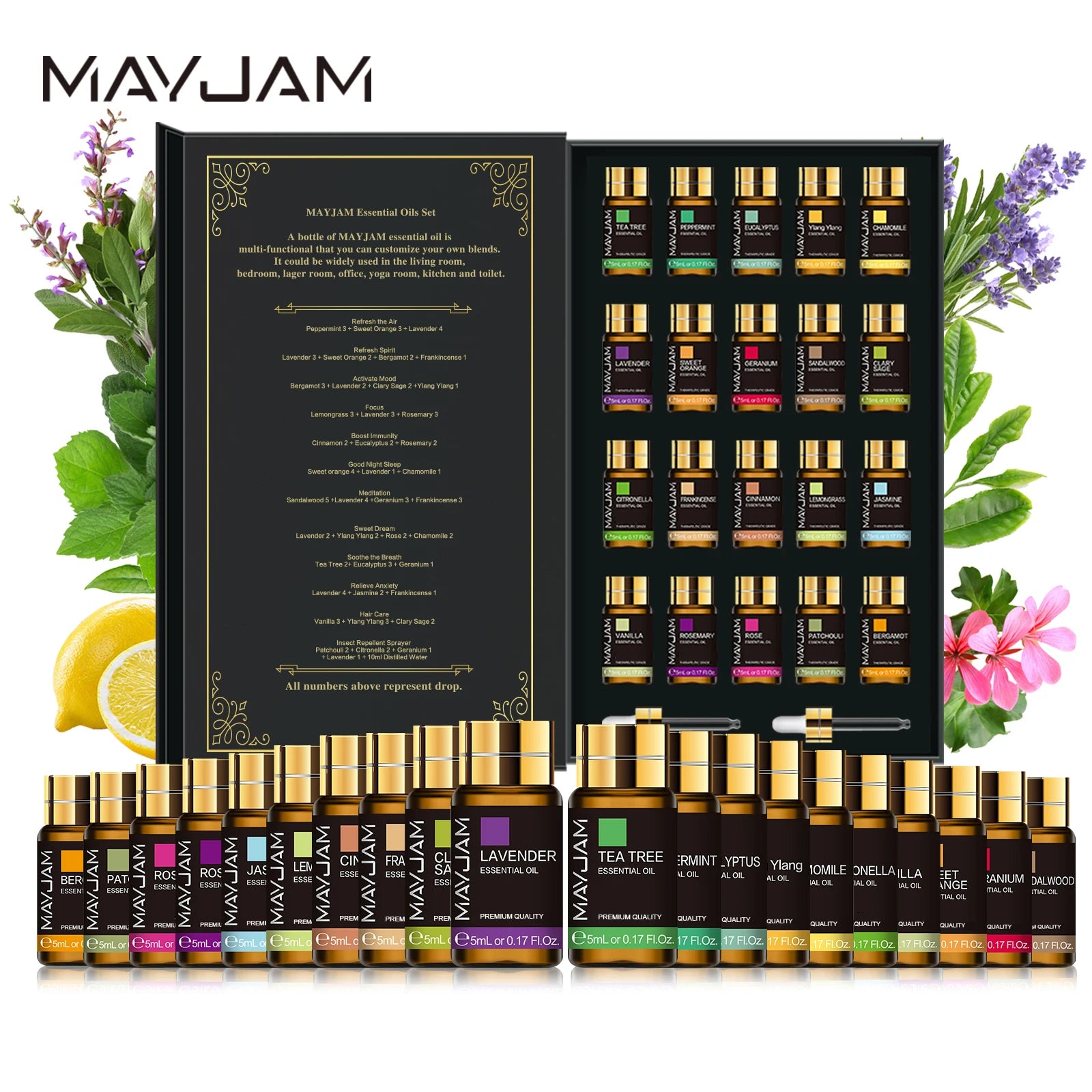 MAYJAM Pure Natural Essential Oils 20pcs Gift Set – Sandalwood, Lemongrass, Lavender, Bergamot & More for Diffuser & Aromatherapy