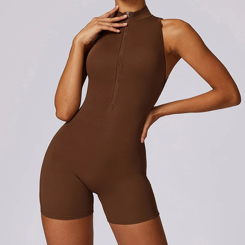 New V-Back Scrunch Sports Jumpsuit – Women’s Sleeveless Gym Romper with Zipper, One-Piece Yoga & Fitness Bodysuit