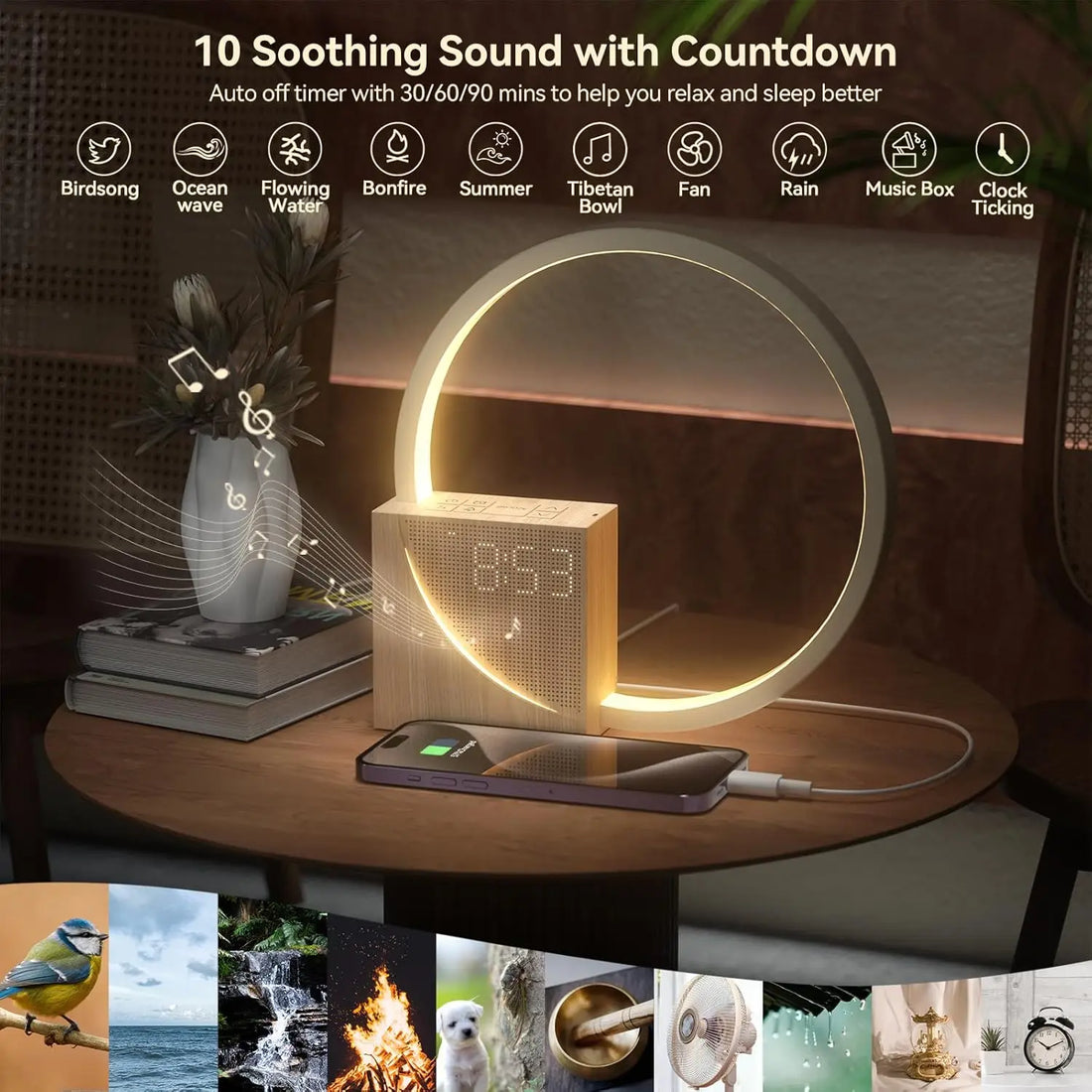 Sleep Aid 10 White Noise Sound Machines with 30/60/90 Timer, 3 Level Dimmable Touch Table Lamp with Snooze USB Charger Port