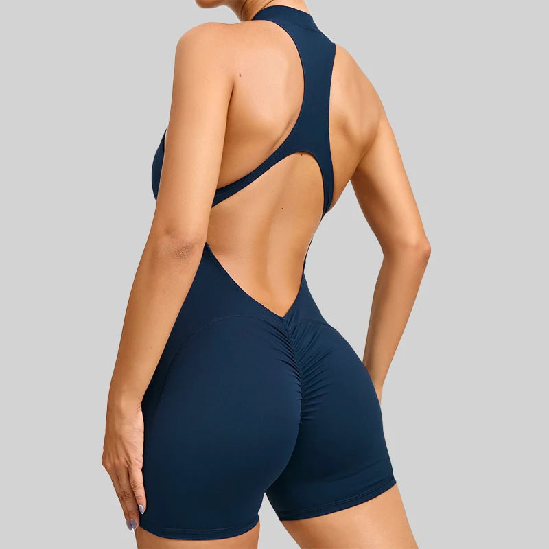 New V-Back Scrunch Sports Jumpsuit – Women’s Sleeveless Gym Romper with Zipper, One-Piece Yoga & Fitness Bodysuit