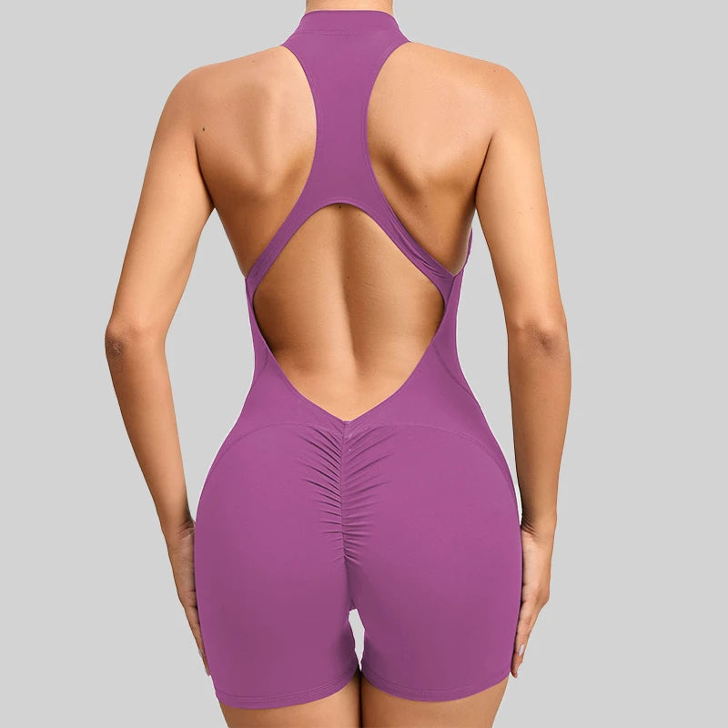 New V-Back Scrunch Sports Jumpsuit – Women’s Sleeveless Gym Romper with Zipper, One-Piece Yoga & Fitness Bodysuit