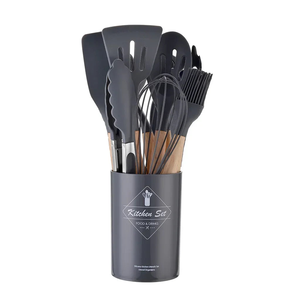 12-Piece Silicone Cooking Utensil Set – Non-Stick, Heat-Resistant & Stylish with Wooden Handles