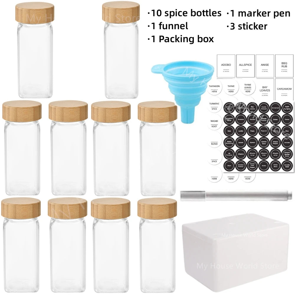 Glass Spice Jars with Bamboo Lid Spice Seasoning Containers Spice Pot Salt Pepper Shakers Spice Organizer Kitchen Spice Jar Set