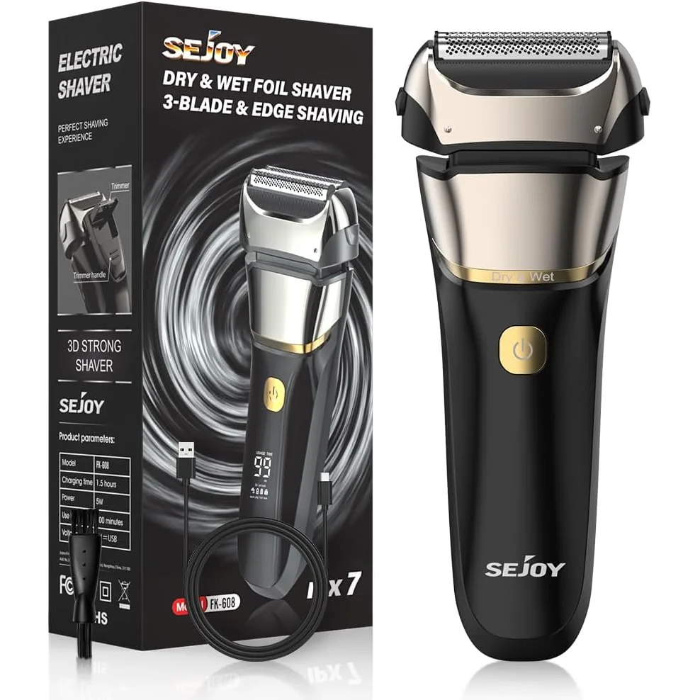Sejoy Electric Razor for Men Foil Shaver with 3-Blade Edge Shaving Area, 7500 RPM High Speed Motor Digital Power Display Mens El