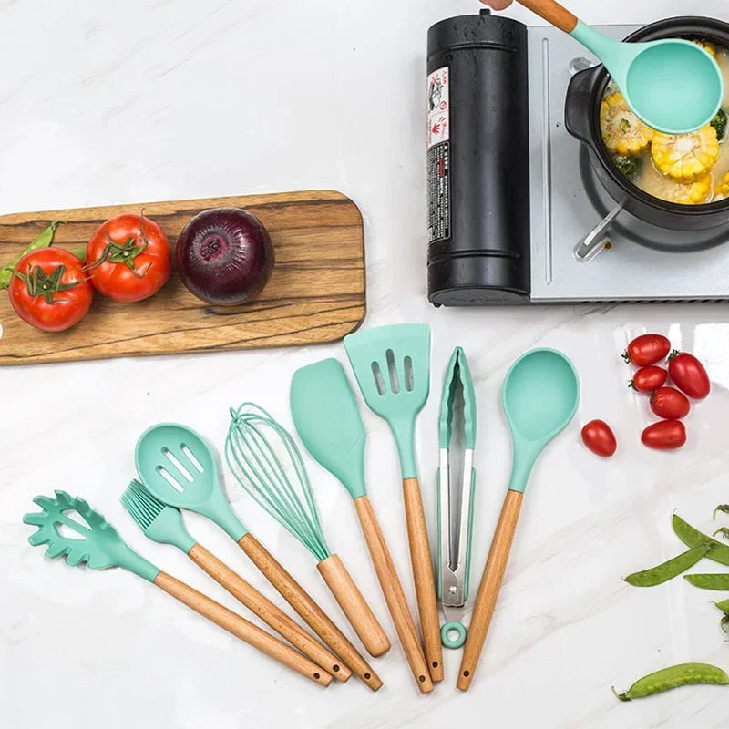 12-Piece Silicone Cooking Utensil Set – Non-Stick, Heat-Resistant & Stylish with Wooden Handles