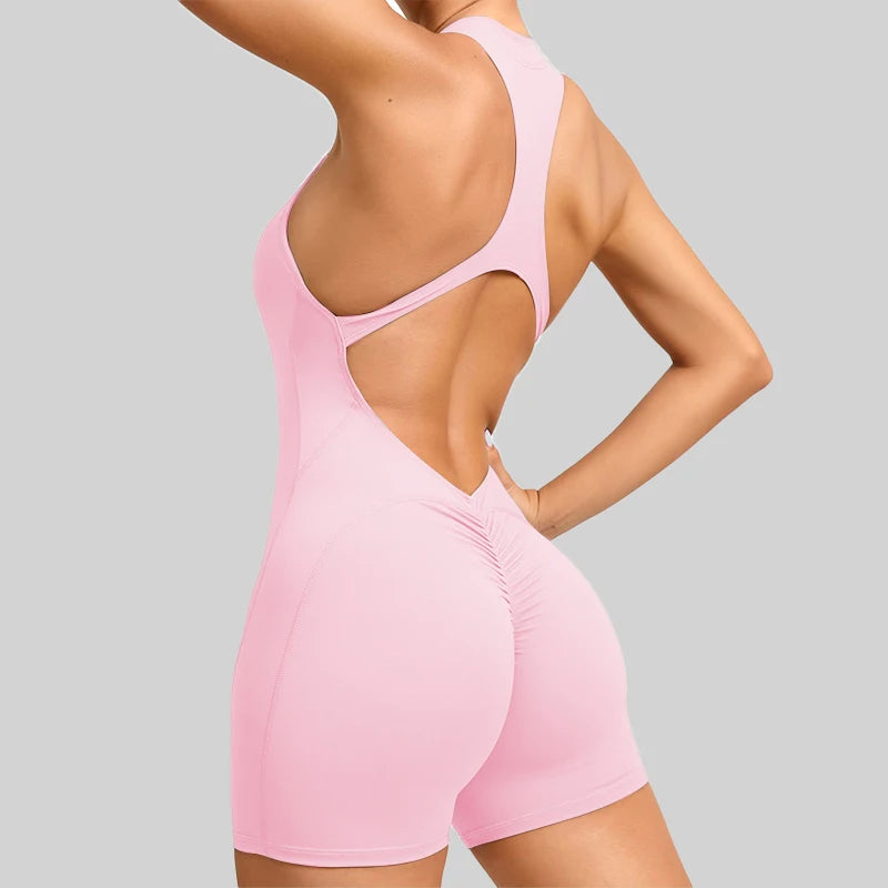 New V-Back Scrunch Sports Jumpsuit – Women’s Sleeveless Gym Romper with Zipper, One-Piece Yoga & Fitness Bodysuit